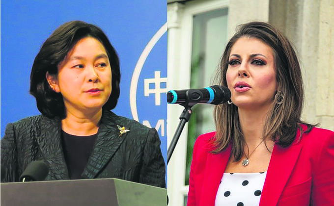 中国外交部发言人华春莹在推特否认中国对美国隐匿武汉疫情;美国国务院发言人欧塔加斯(Morgan Ortagus)则直言,华春莹“一派胡言”。 左:华春莹(图:中央社) 右:Morgan Ortagus(图:维基百科)