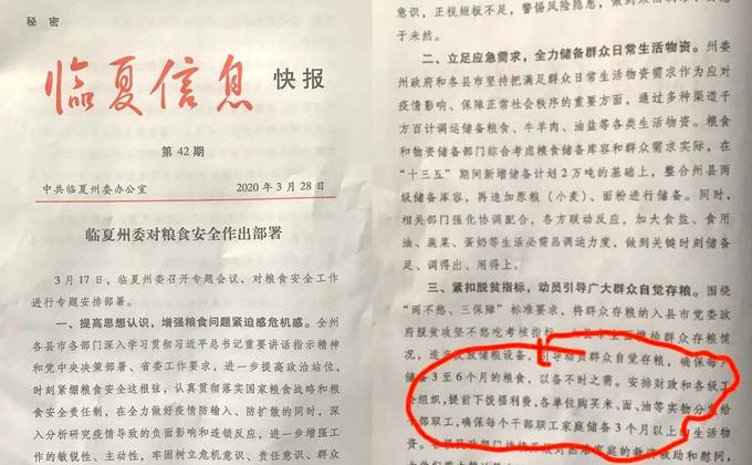 甘肅臨夏州政府發佈祕密公文提醒應開始囤糧以備不時之需。(圖片來源:推特/看傳媒合成)