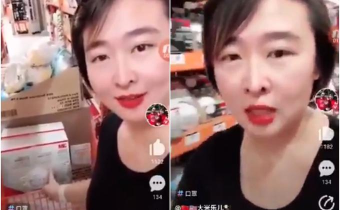 一名华裔女子买空美国多间超市的口罩后拍视频炫耀。(影片截图)